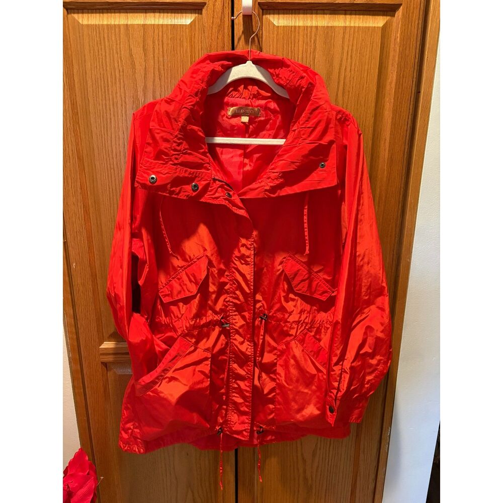 Ellen Tracy Red Hooded Anorak Jacket Lightweight Windbreaker Size L Raincoat